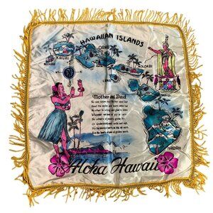Vintage Hawaiian Islands Souvenir Pillow Cover w/ Fringe